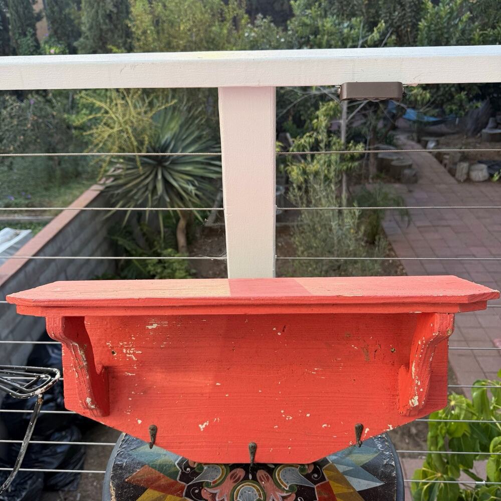 Red Painted Wood Wall Shelf Ledge w/ 4 Hooks, Open Face, 25 x 8 x 4 in